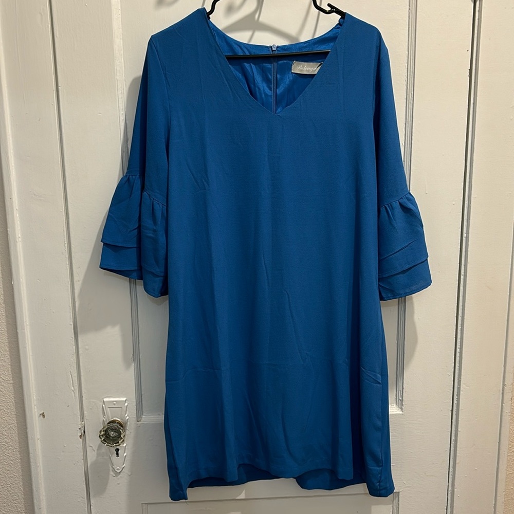 🛑 5/$20 Women's Blue Ruffle Sleeve Shift Dress Size L